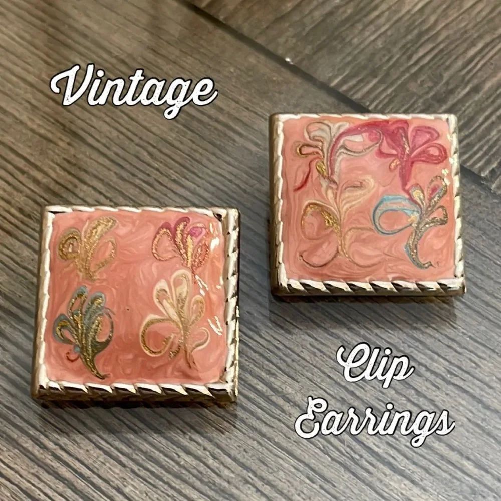 Vintage Square Rose Pink Swirled Pearlized Enamel Clip Earrings